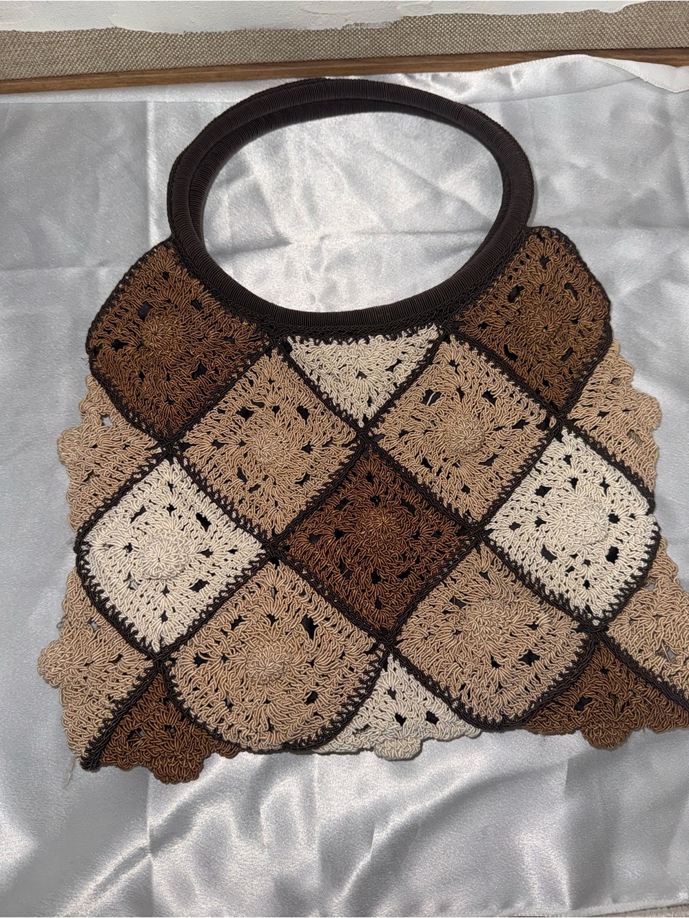 Crochet Patchwork Tote Bag in Brown and Cream
